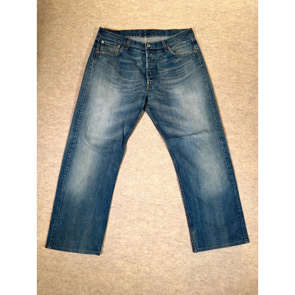 Levis‎ 501 Authentic Straight Jeans Mens 36x36 Blue Whiskering Denim Button Fly